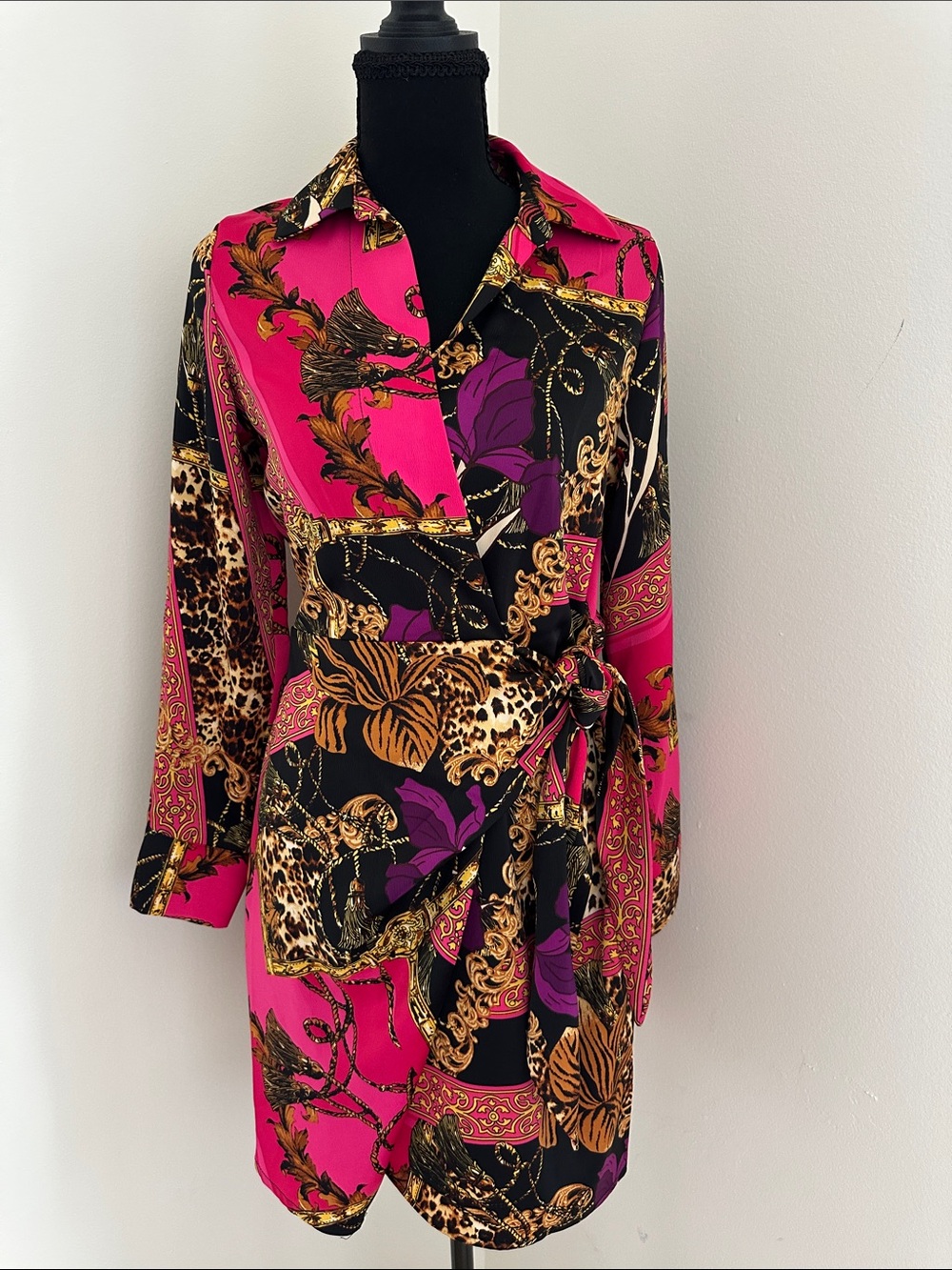Fuchsia & Black Mixed Print Wrap Mini Dress